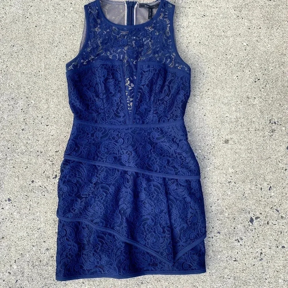 BCBGMAXAZRIA Hanah Navy Blue Lace Tiered Sleeveless Formal Cocktail Mini Dress